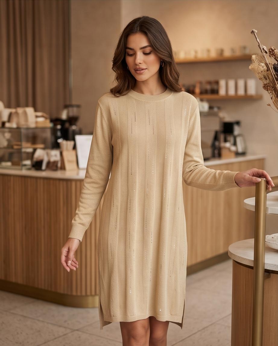 Abito Midi in Maglia Beige o bordeaux con brillantini | Elegante e Comodo
