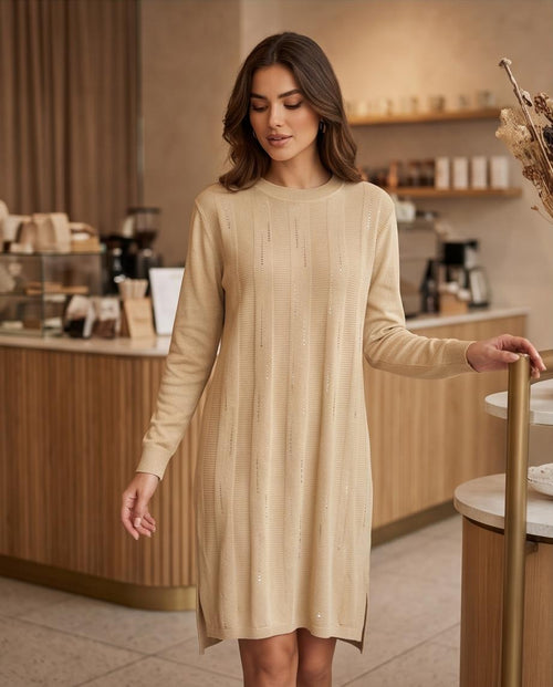 Abito Midi in Maglia Beige o bordeaux con brillantini | Elegante e Comodo