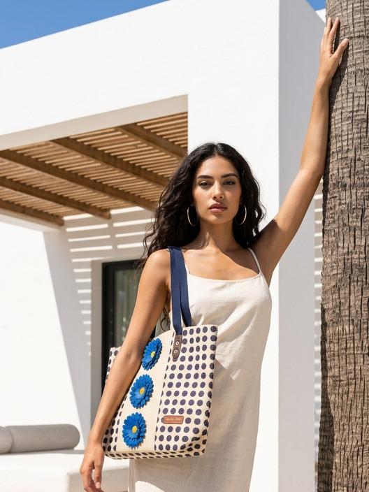 JESKAA - Set Borsa e Cappello Mare con Design a Puntini e Fiori Blu per Stile Estivo