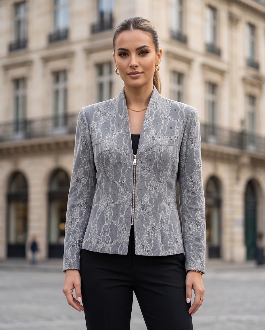 Blazer Donna Grigio Collo alla Coreana con Zip e Texture Floreale
