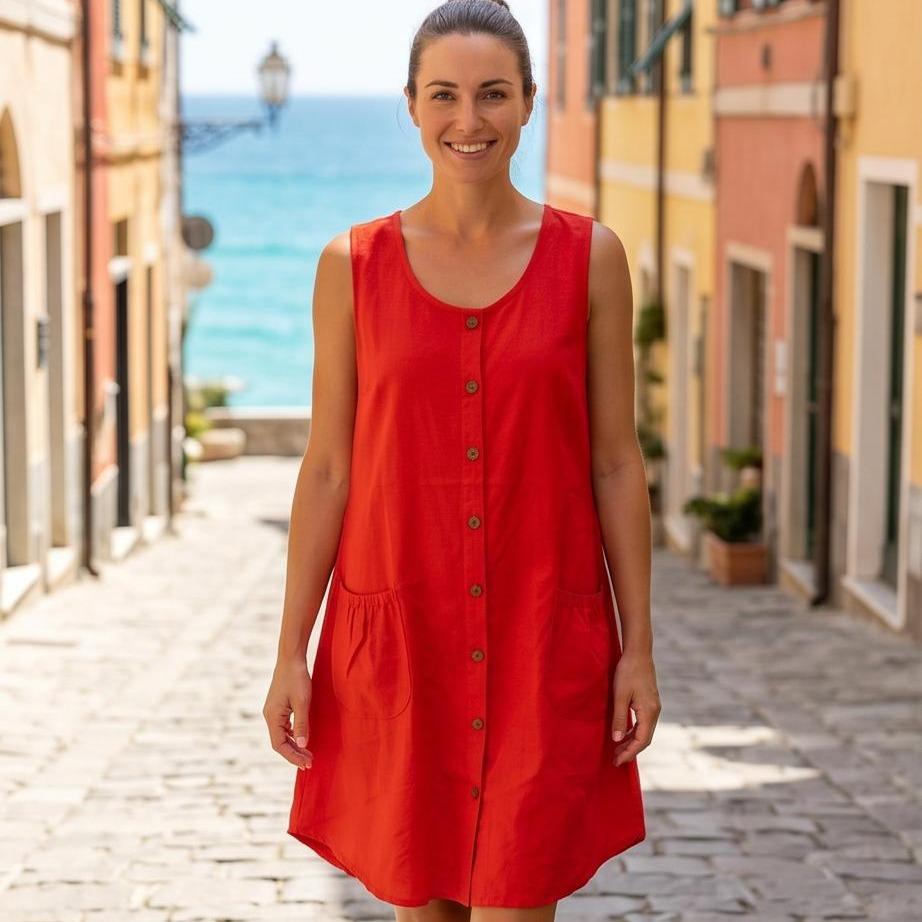 Vestito Midi con Tasche Abbottonato Senza Maniche