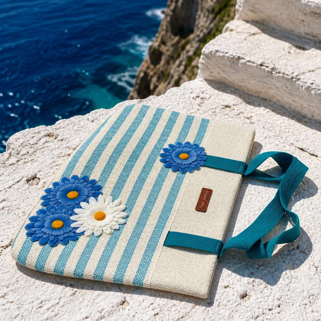Set Cappello e Borsa Mare Turchese a Righe con Fiori Decorativi