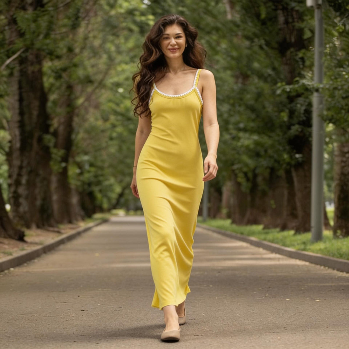JESKAA Vestito Lungo Giallo Maxi con Spalline Sottili e Bordino Decorativo per Estate Comfortevole e Versatile