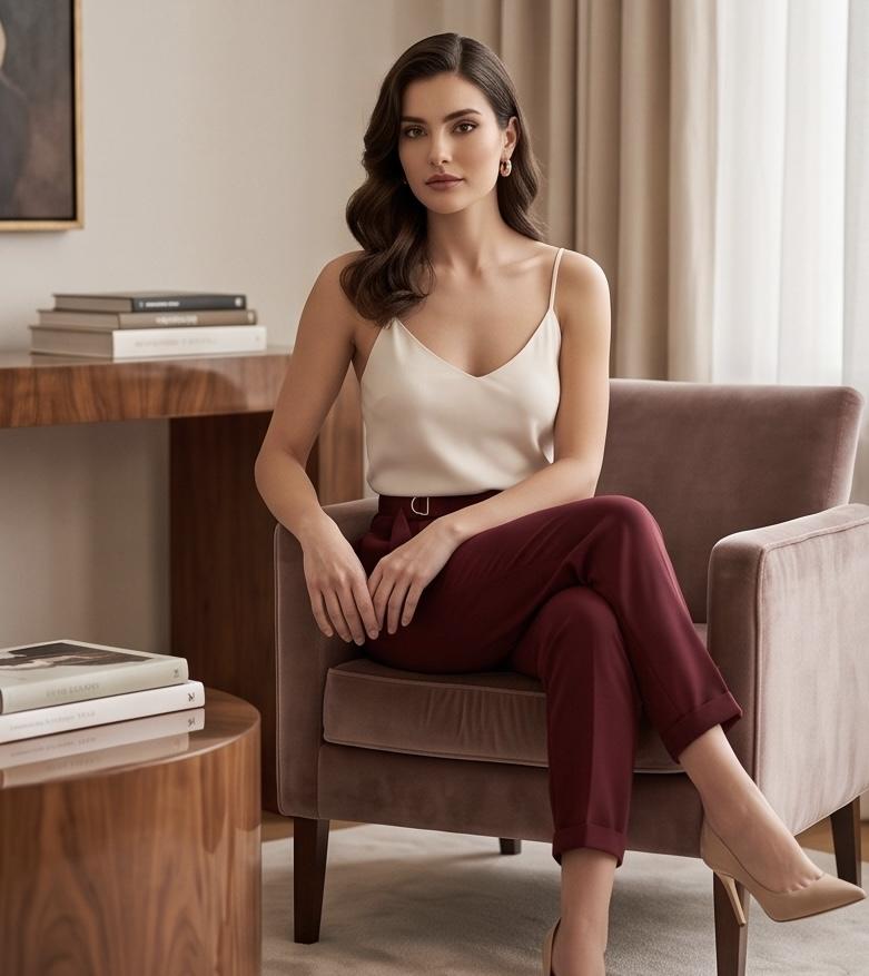 Pantalone Donna Vita Alta con Cinturini e Dettagli Metallici