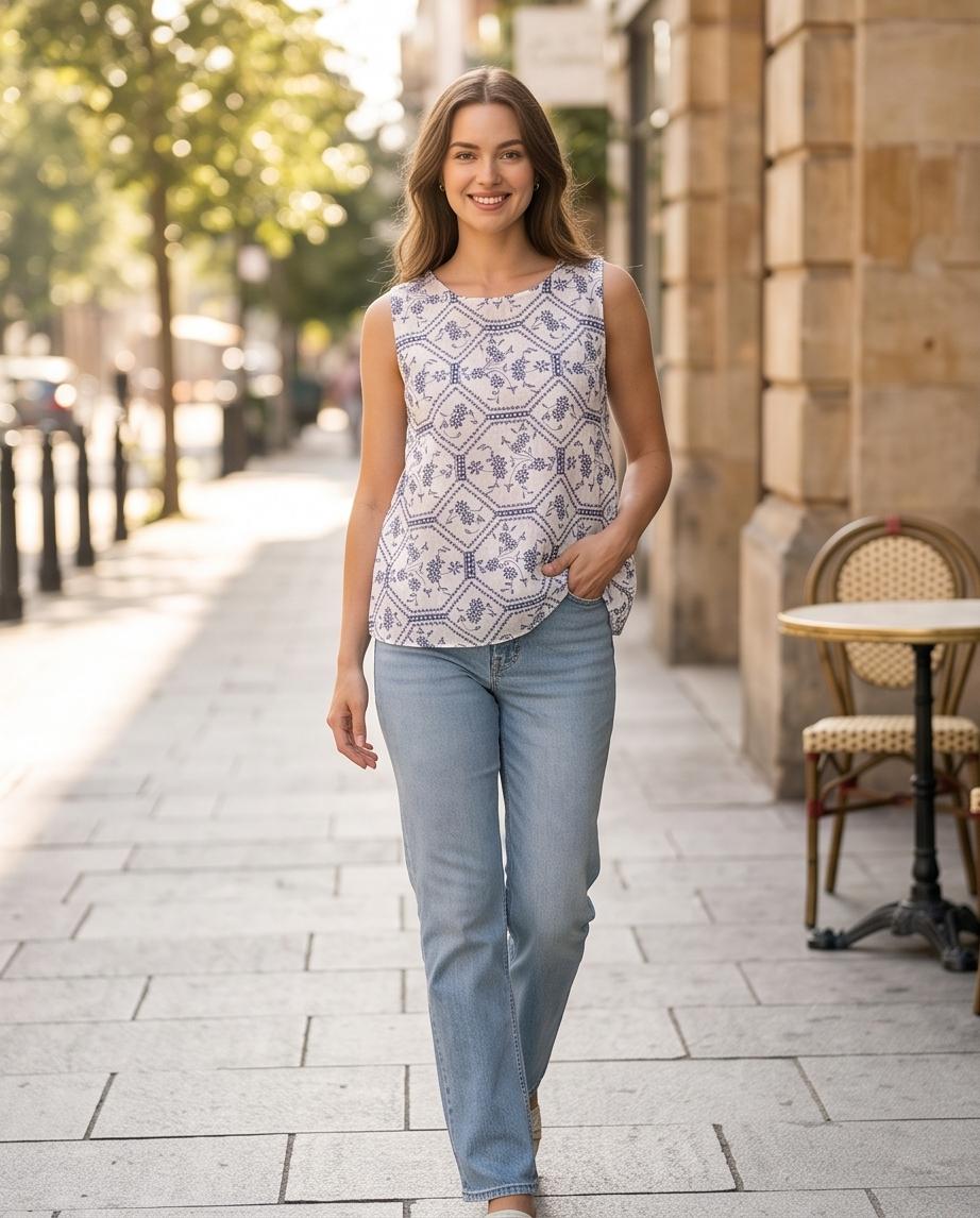 Top Smanicato Donna Fantasia Maiolica Blu