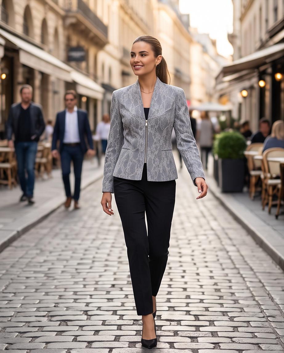Blazer Donna Grigio Collo alla Coreana con Zip e Texture Floreale