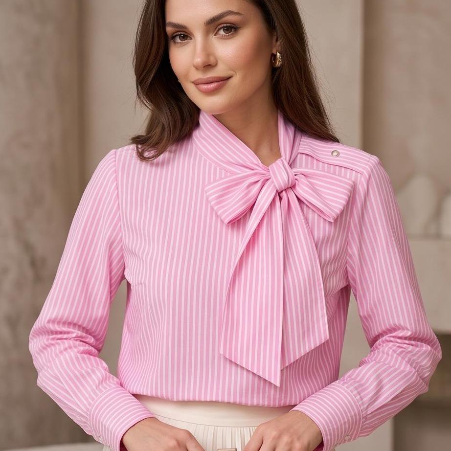 Camicia Donna a Righe con Fiocco al Collo