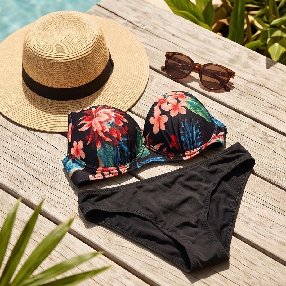 Bikini Floreale Donna con Slip Nero a Vita Bassa