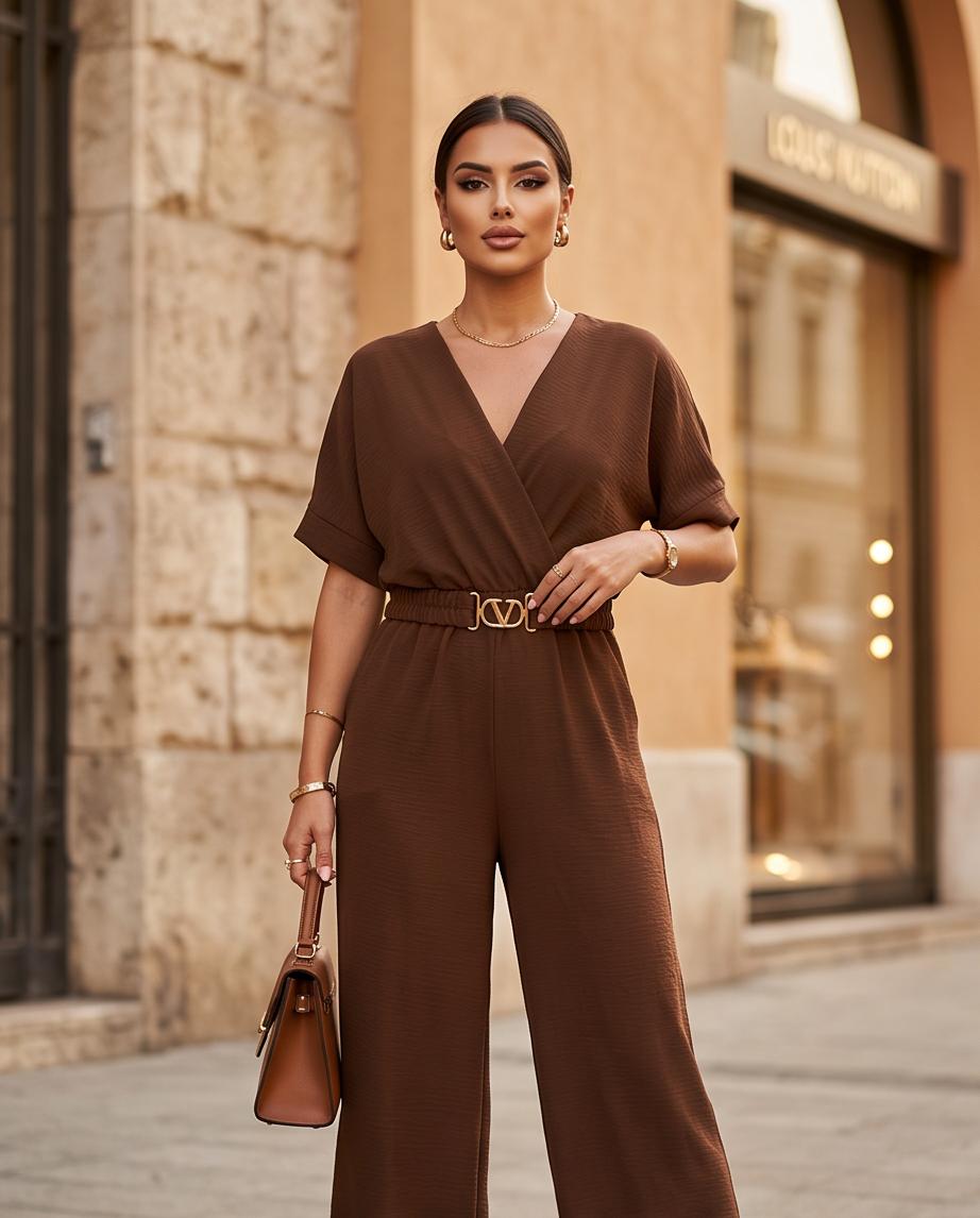 Tuta Jumpsuit Elegante Donna con Cintura Gioiello e Gamba Ampia