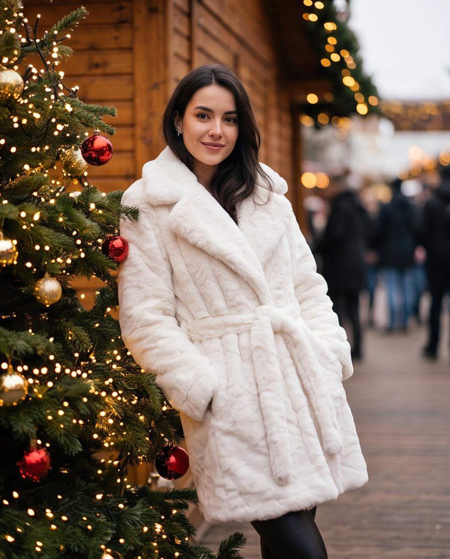 Cappotto Lungo Donna in Eco-Pelliccia Bianco con Cintura vintage