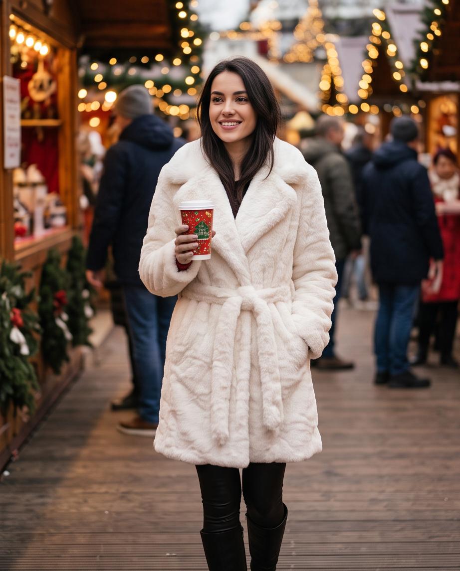 Cappotto Lungo Donna in Eco-Pelliccia Bianco con Cintura vintage