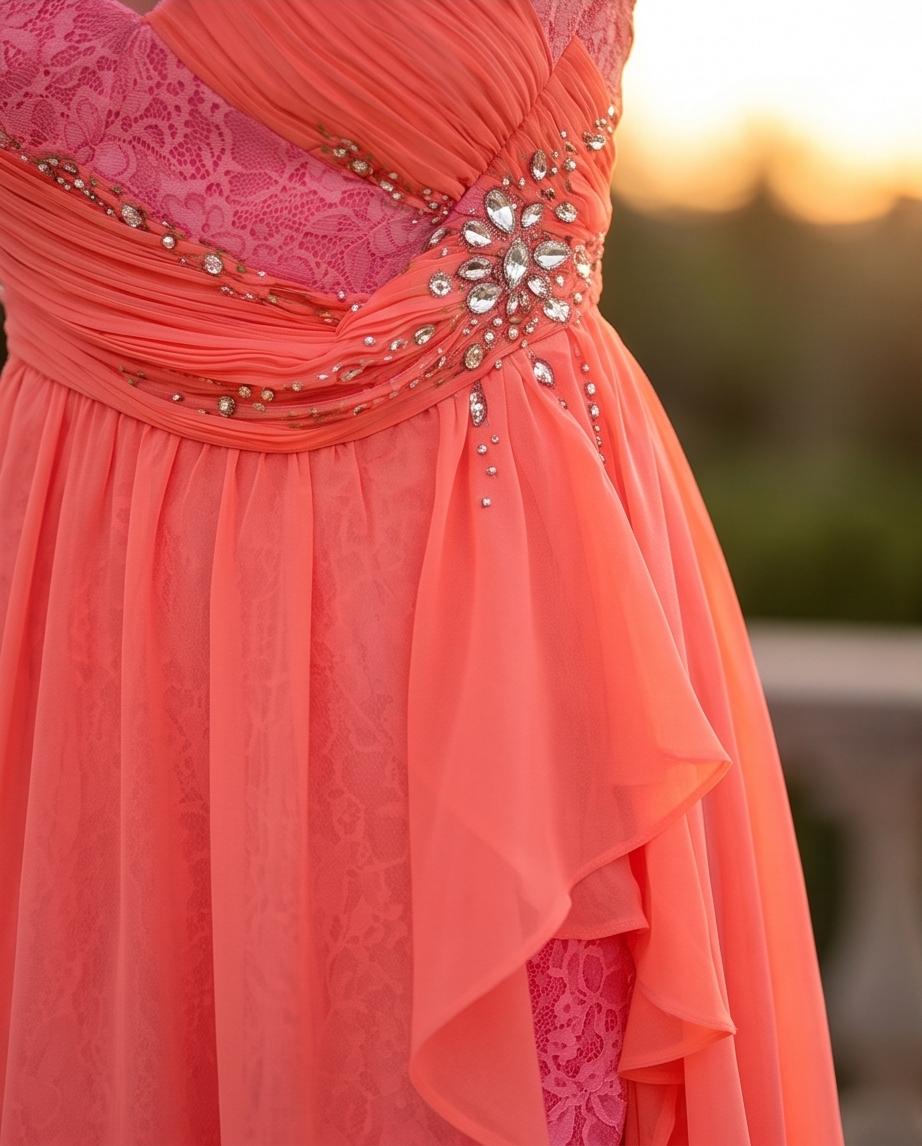Abito da Sera Corallo Scollo a Cuore con Bustier Plissé Asimmetrico