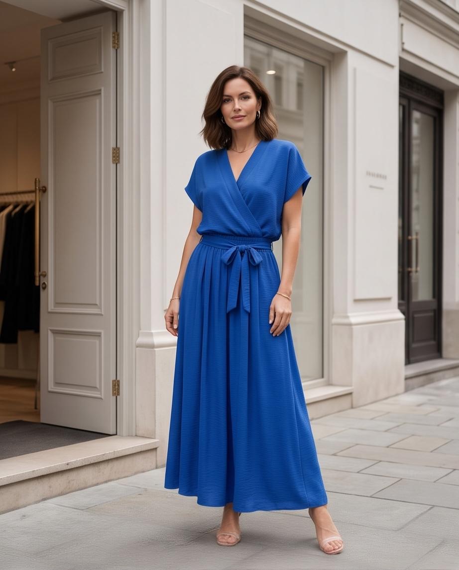 Set Coordinato Donna Blu Elettrico – Top a Portafoglio e Gonna Lunga Svasata