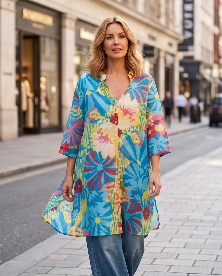 Camicia Lunga Donna Fantasia Tropicale Oversize e Multiuso