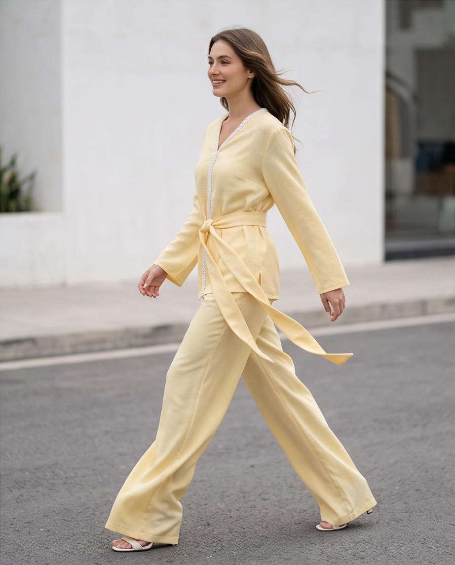 Set Coordinato Donna Giallo con Top Kimono e Pantalone Palazzo