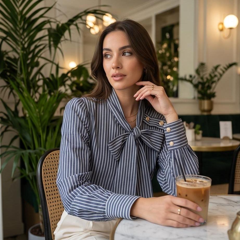 Camicia Donna a Righe con Fiocco al Collo